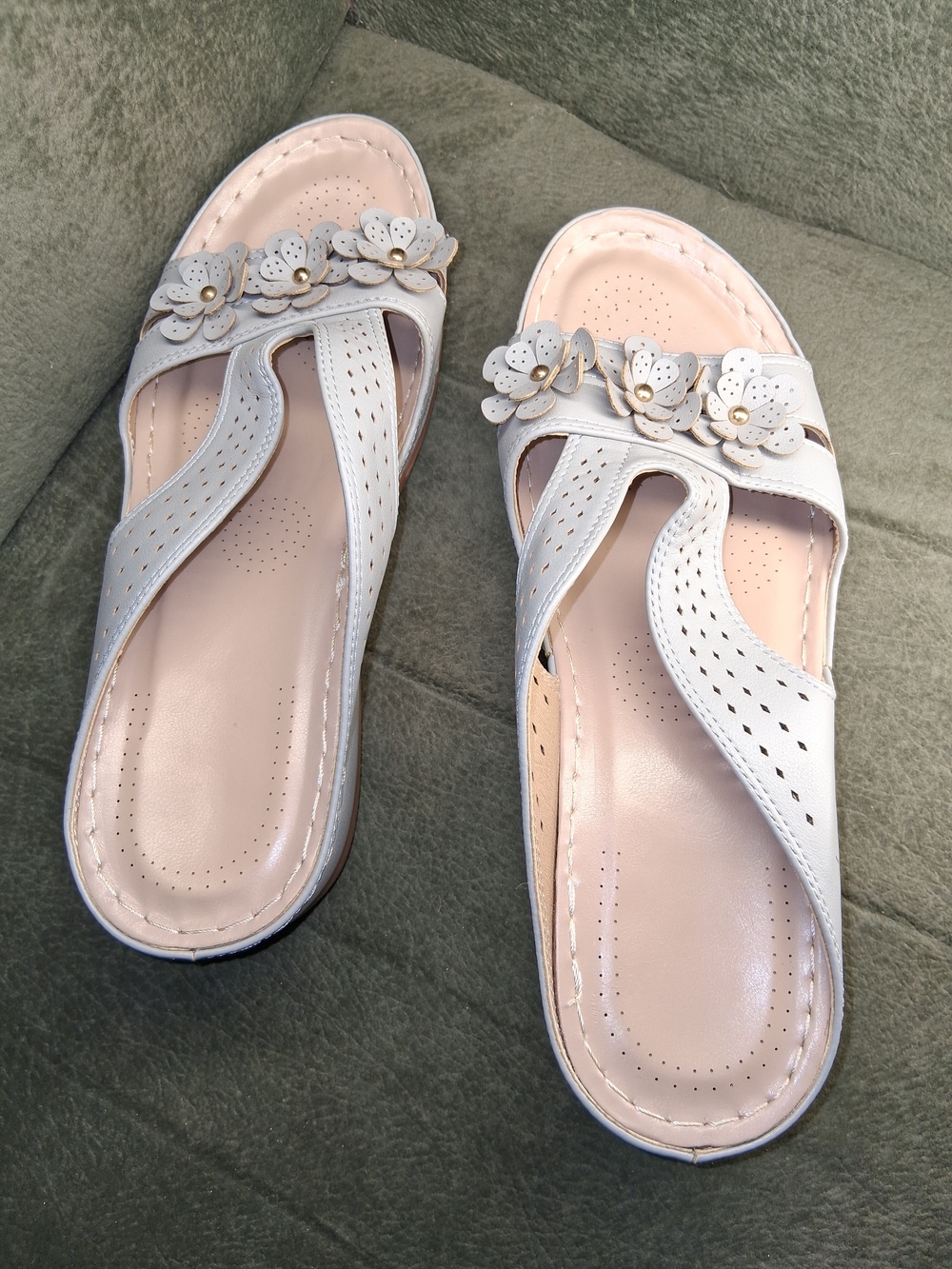 Grey Floral Slide Sandals with Gold Accents